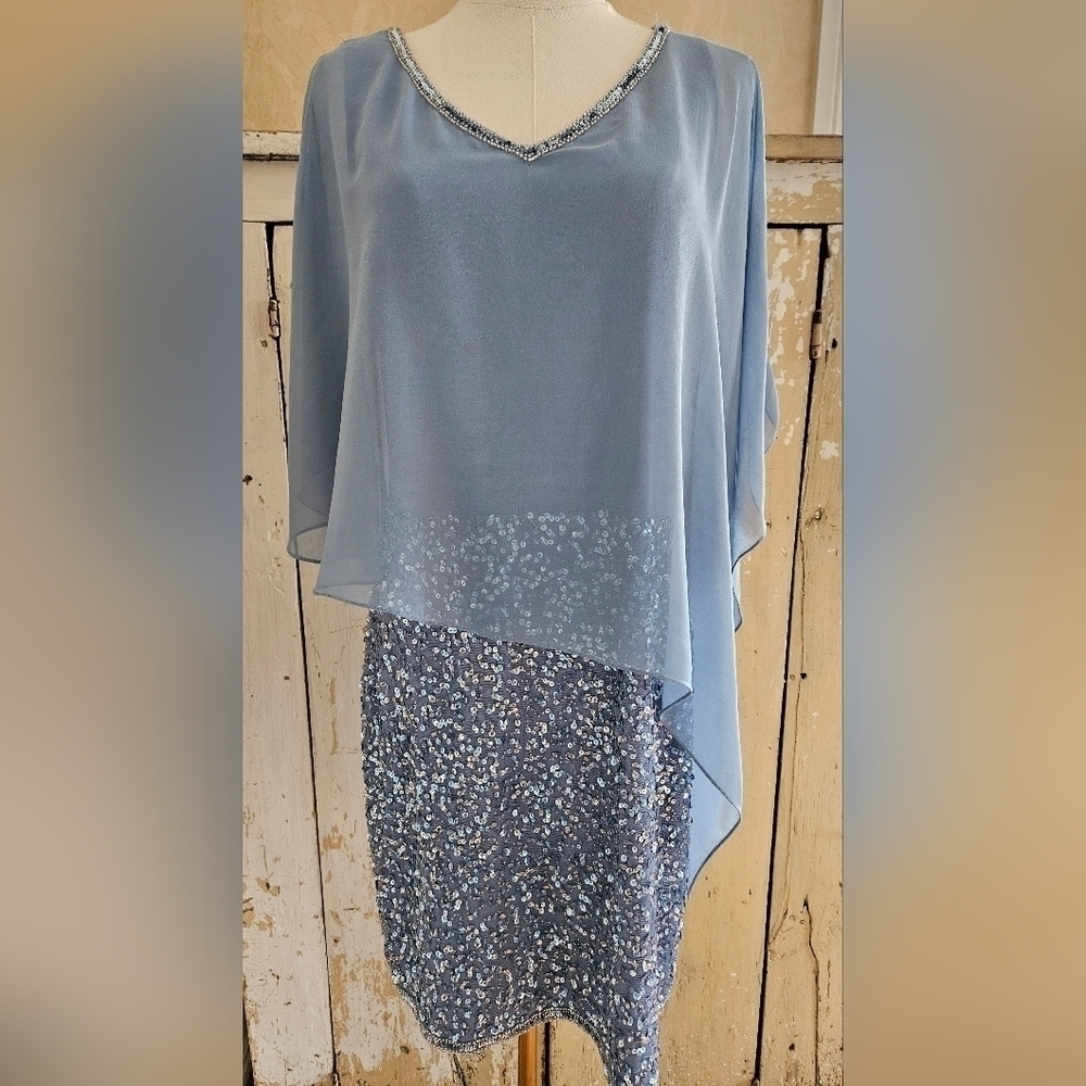 JKARA Blue Sequence Asymmetrical Cape/Shawl Flutter Sleeves Sheath Dress-Size 6P